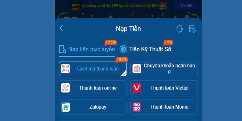 Chọn phương thức nạp tiền phù hợp tại nhà cái 58WIN